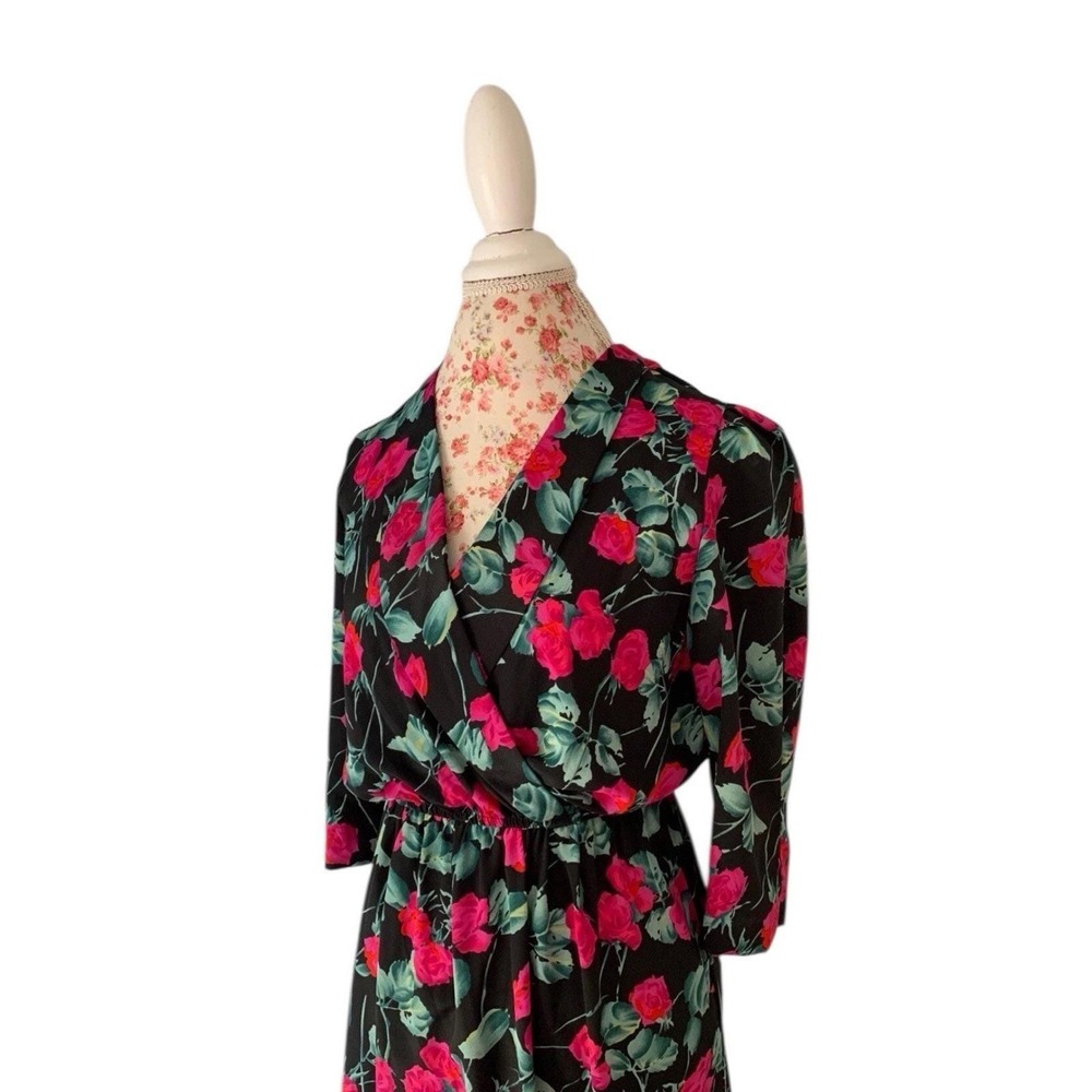 Vintage 1980's Dress Romantic Floral Roses Puffed Sleeve Elegant Glam Pink Black